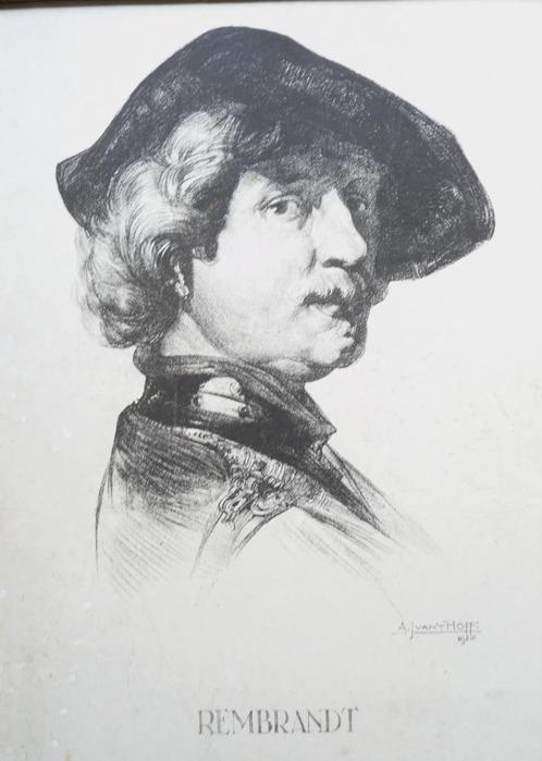 Oude litho met een zelfportret van Rembrandt 1928, Antiek en Kunst, Kunst | Litho's en Zeefdrukken, Ophalen of Verzenden