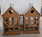 Houten Huisjes Kandelaars Set groot windlicht, Ophalen, Gebruikt, 25 tot 50 cm, Bruin