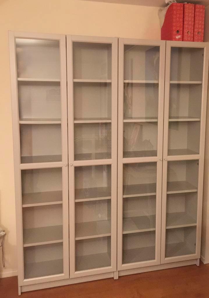 2 x IKEA Billy kast met glazen deuren - grijs, Huis en Inrichting, Kasten | Boekenkasten, Gebruikt, 150 tot 200 cm, 200 cm of meer