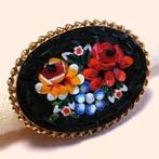 Italiaanse vintage broche micro mozaïek bloemen zwart, Overige materialen, Gebruikt, Verzenden, Zwart