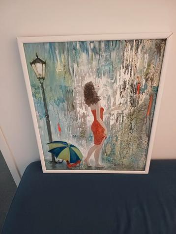 Prachtig schilderij Vrouw met paraplu op linnen doek beschikbaar voor biedingen