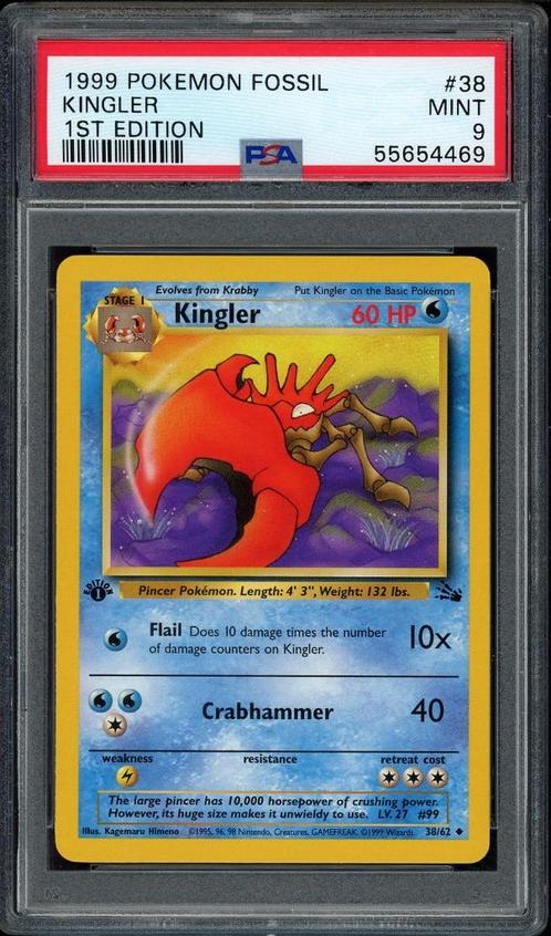 Kingler 1st Edition PSA 9 - 38/62 - Fossil 1999, Hobby en Vrije tijd, Verzamelkaartspellen | Pokémon, Zo goed als nieuw, Losse kaart