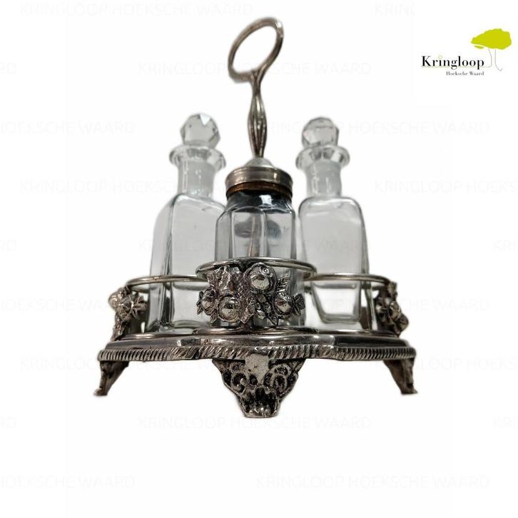 Verzilverd peper/zout olie/azijn stelletje, Huis en Inrichting, Keuken | Servies, Gebruikt, Overige typen, Overige stijlen, Glas