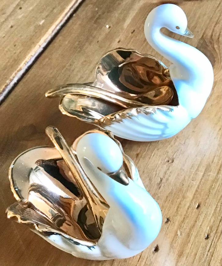 GOUD/WITTE ANTIEKE PORSELEINEN ZWANEN MET LEPEL, Antiek en Kunst, Antiek | Porselein, Ophalen of Verzenden