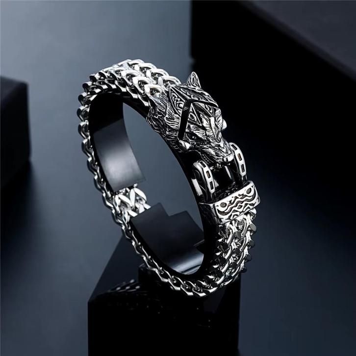 Roestvrij Stalen Wolvenkop Heren Armband, Sieraden, Tassen en Uiterlijk, Armbanden, Nieuw, Staal, Zilver, Verzenden