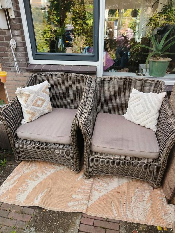 2 lounge stoelen rotan look, Tuin en Terras, Tuinsets en Loungesets, Gebruikt, Kunststof, Ophalen