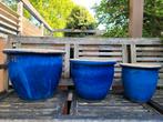 Mooi set blauwgeglazuurde bloempotten, Tuin, 25 tot 40 cm, Rond, Ophalen