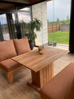 SUNS lounge eettafel met 2 banken teak terra kussens, Tuin en Terras, Ophalen, Gebruikt, Rechthoekig, Hout