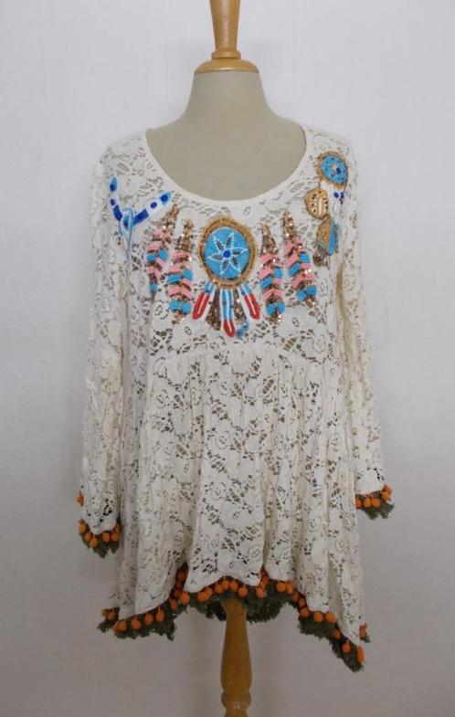 Ibiza/boho kant look bewerkte tuniek/jurkje! L, Kleding | Dames, Jurken, Zo goed als nieuw, Maat 42/44 (L), Beige, Boven de knie