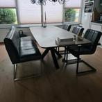 Industriële eetstoelen van zwart geschuurd leer met metaal, Huis en Inrichting, Ophalen, Industriële eetstoelen van zwart geschuurd leer met metaal