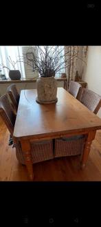 Grenen eettafel met 4 rotan stoelen, Huis en Inrichting, Tafels | Eettafels, Ophalen, Gebruikt, Rechthoekig, 50 tot 100 cm