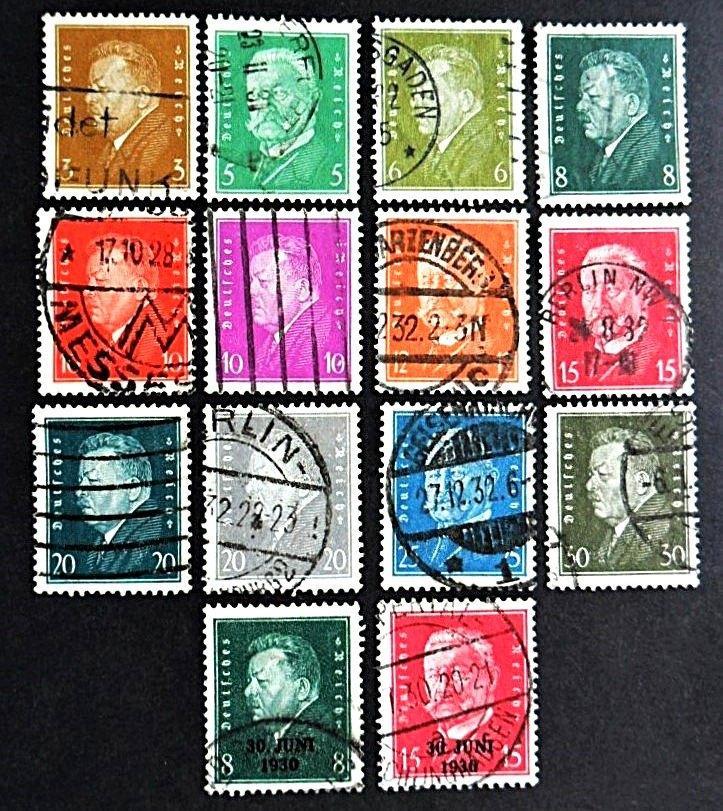 Reich : 14 zegels Reichspräsidenten Ebert en Hindenburg 1928, Postzegels en Munten, Postzegels | Europa | Duitsland, Gestempeld