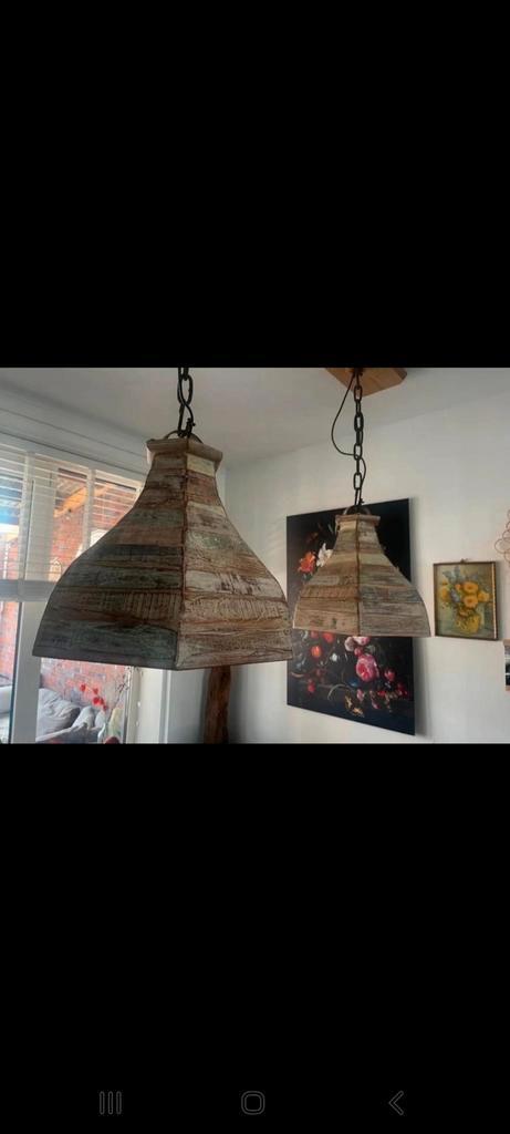 Unieke  set houten hanglampen met handgemaakte bevestiging, Huis en Inrichting, Lampen | Hanglampen, Zo goed als nieuw, Minder dan 50 cm