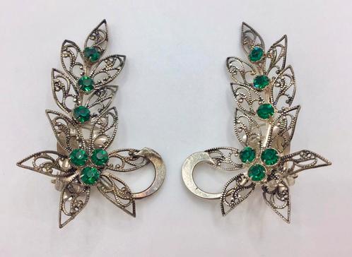 Vintage oorbellen zilver verzilverd groene steentjes takken, Sieraden, Tassen en Uiterlijk, Antieke sieraden, Oorbellen, Zilver