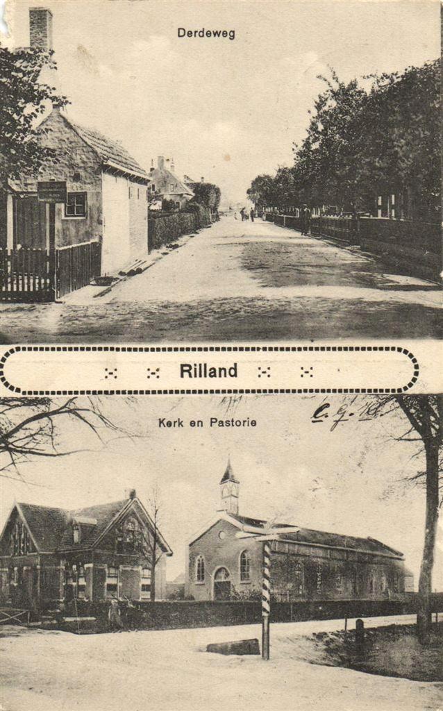 Rilland - Derdeweg + Kerk en Pastorie - B-keus - gelopen, Verzamelen, Ansichtkaarten | Nederland, Gelopen, Friesland, Voor 1920