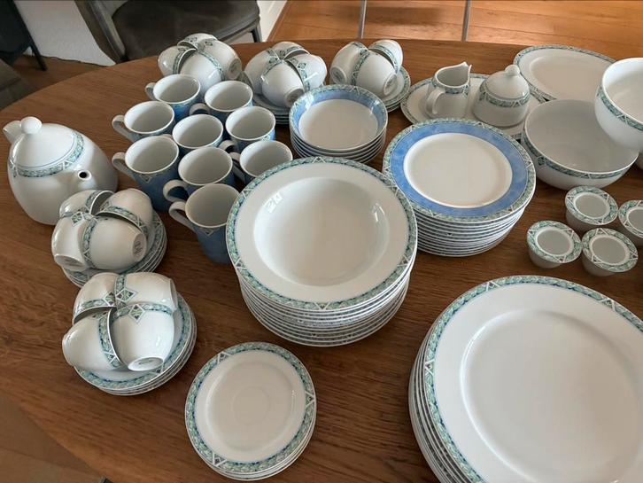 Arzberg merison servies 107 delig wit met blauw/groene rand, Huis en Inrichting, Keuken | Servies, Zo goed als nieuw, Compleet servies