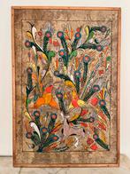 Vintage Mexicaans Amate Schilderij op Kurk - Vogels & Hertje, Ophalen of Verzenden
