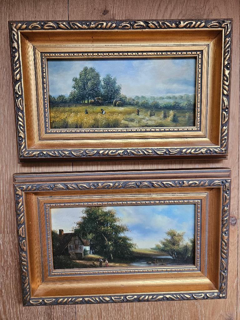Twee ingelijste landschapschilderijen / 27x17 cm, Antiek en Kunst, Ophalen of Verzenden