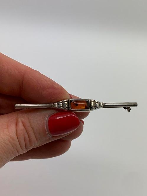 T460 Prachtige zilverem broche barnsteen, Sieraden, Tassen en Uiterlijk, Antieke sieraden, Broche, Zilver, Met edelsteen, Ophalen of Verzenden