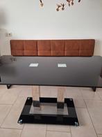 Eetkamer tafel 160 bij 90 bij 77 cm, Ophalen, Gebruikt, Zwart gerookt Glas met spiegelend metalen onderstel, 50 tot 100 cm