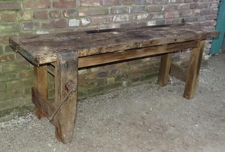 oude houten werkbank met bankschroef sitetabel, Antiek en Kunst, Curiosa en Brocante, Ophalen