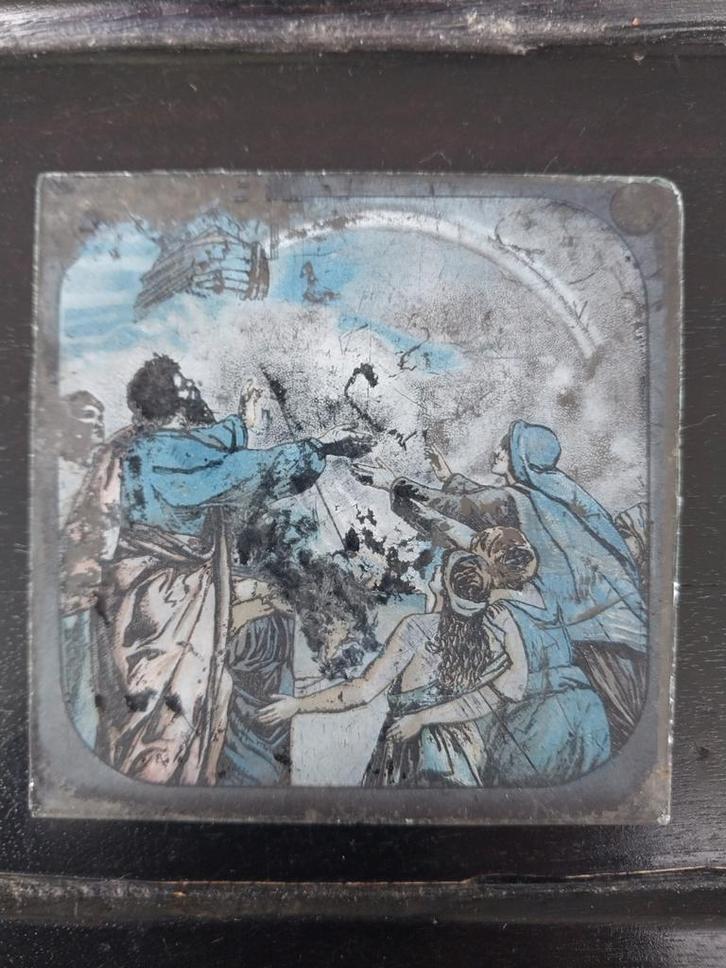 Antieke toverlantaarnplaatje, met Bijbelse scène., Antiek en Kunst, Antiek | Glas en Kristal, Ophalen of Verzenden