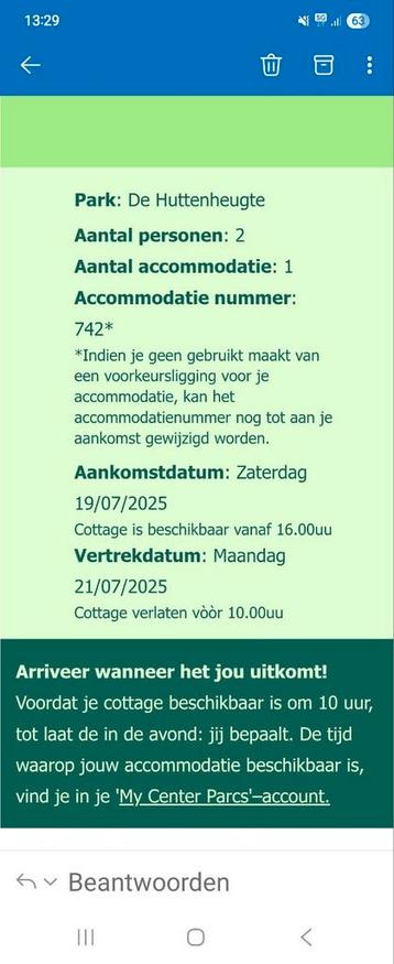 3 dagen centerparcs huttenheugte  19 tot 21 juli beschikbaar voor biedingen