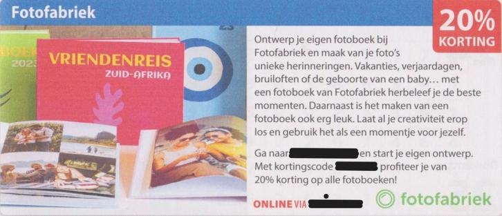 Fotofabriek. 20% korting. Postcodeloterij kortingsbon., Tickets en Kaartjes, Kortingen en Cadeaubonnen, Eén persoon, Warenhuis- of Winkelbon