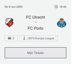 Fc Utrecht - Fc Porto 2 kaartjes, Tickets en Kaartjes, Losse kaart, Twee personen, November, Europa of Champions League