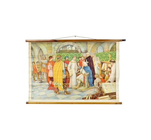 Educatieve Oude Schoolplaat Geschiedenis Karel de Grote 94cm, Antiek en Kunst, Antiek | Schoolplaten, Geschiedenis, Ophalen of Verzenden