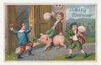 Kerst en Nieuwjaar.  Kinderen met varken.  1915.  Reliëf., Verzamelen, Ansichtkaarten | Themakaarten, Verzenden, Voor 1920, Gelopen