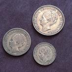 Drie Zilveren Munten Koningin Wilhelmina 1/2 G, 25 en 10 Ct, Verzenden, Koningin Wilhelmina, 10 cent