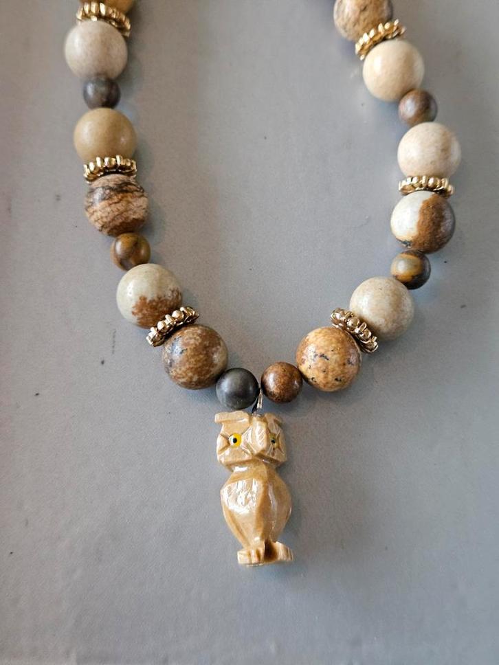 Uil Ketting: Bescherming, Wijsheid & Begeleiding, Sieraden, Tassen en Uiterlijk, Kettingen, Nieuw, Steen of Mineraal, Beige, Met hanger