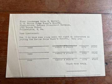 WO2 Amerikaans document aanmelding vrouwen USMC op naam beschikbaar voor biedingen