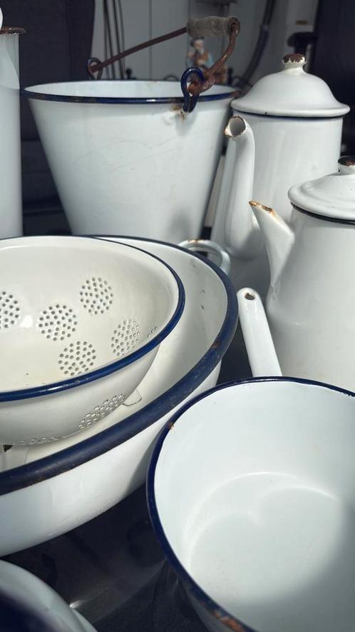 Emaile blauw wit keuken servies, Antiek en Kunst, Antiek | Emaille, Ophalen