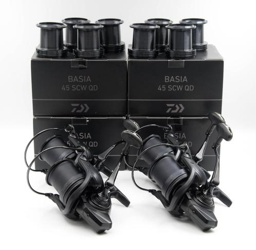 4x Daiwa 19 Basia 45 SCW QD + EXTRA spoelen, Watersport en Boten, Hengelsport | Karpervissen, Zo goed als nieuw, Molen, Ophalen of Verzenden