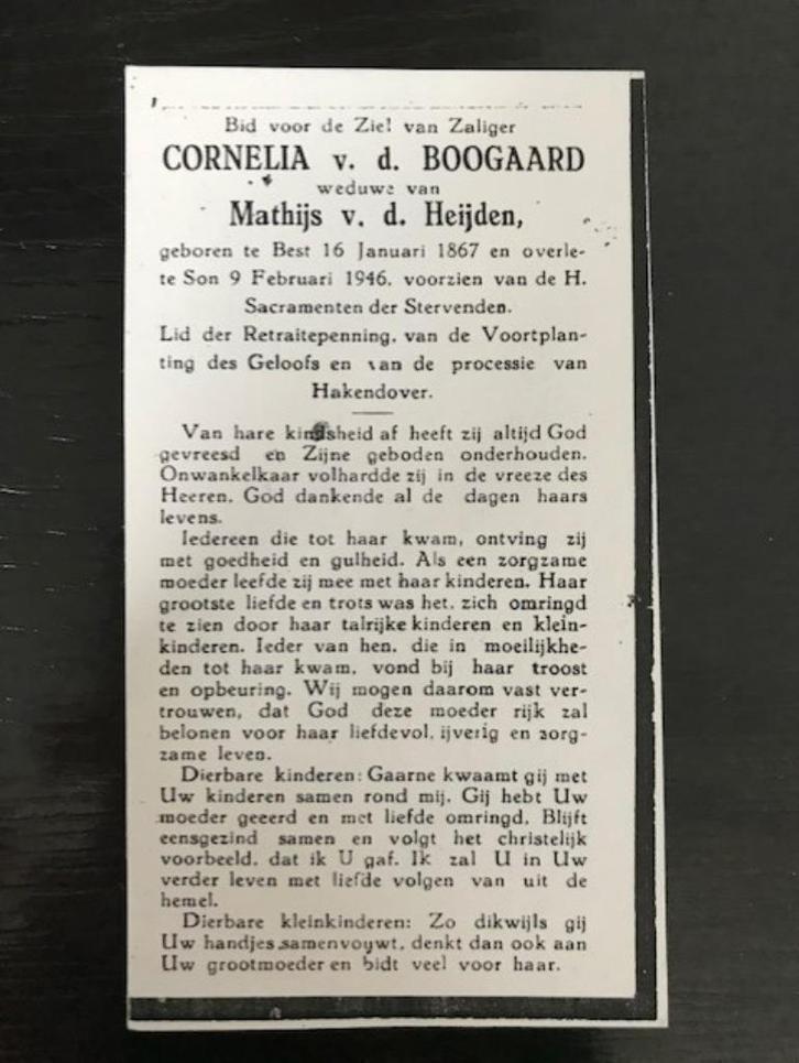 GEZOCHT: bidprentje Cornelia v.d. Boogaard geb 16-1-1867 Son, Verzamelen, Bidprentjes en Rouwkaarten, Bidprentje, Ophalen of Verzenden