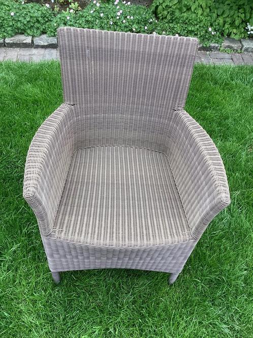 Set van 4 taupe kleurige tuinstoelen elk beige/taupe kussen, Tuin en Terras, Tuinstoelen, Gebruikt, Kunststof, Ophalen of Verzenden