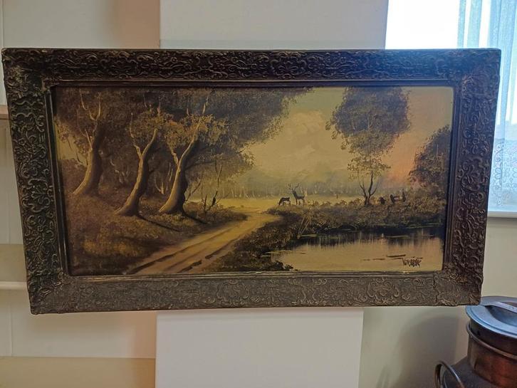 Schilderij: Boslandschap met herten, Antiek en Kunst, Kunst | Schilderijen | Klassiek, Ophalen of Verzenden