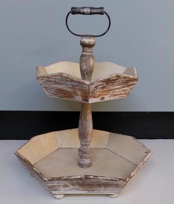 Brocante houten etagère, 6 hoekig, 2 laags beschikbaar voor biedingen