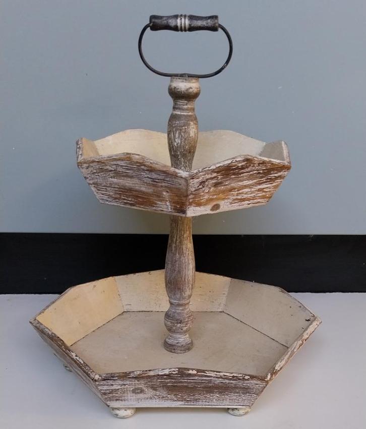 Brocante houten etagère, 6 hoekig, 2 laags, Huis en Inrichting, Woonaccessoires | Etagères, Gebruikt, Ophalen of Verzenden