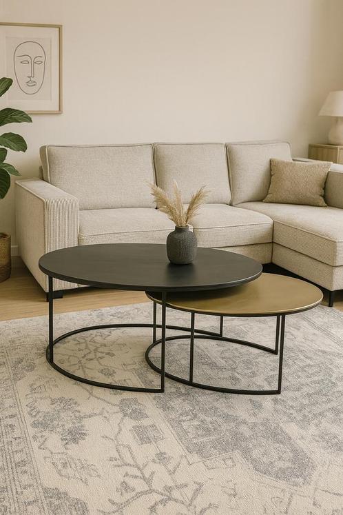 Salontafel 2-delig ovaal Zwart/Goud Direct/leverbaar E-1976, Huis en Inrichting, Tafels | Salontafels, Nieuw, Minder dan 50 cm