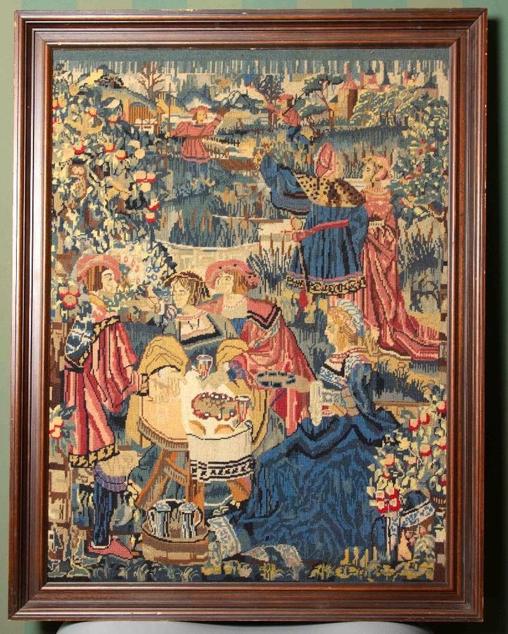 (nr20) Geweven Kleed in houtlijst: Uitnodiging tot het feest, Huis en Inrichting, Woonaccessoires | Wanddecoraties, Zo goed als nieuw