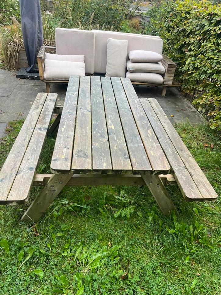 Houten Picknicktafel met Opklapbare Banken - 6 Persoons, Tuin en Terras, Picknicktafels, Gebruikt, Rechthoekig, Hout, Inklapbaar