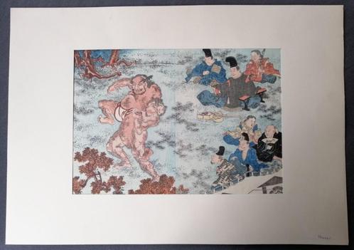 Japanse houtsnede Busei Worstelaars met toeschouwers, Antiek en Kunst, Kunst | Etsen en Gravures, Ophalen of Verzenden