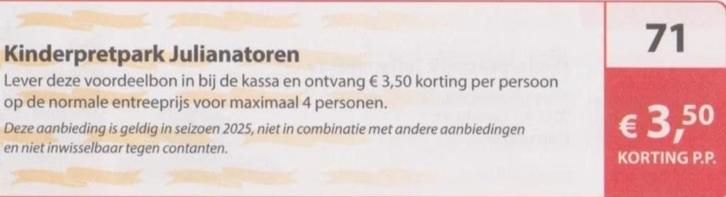 Kinderpretpark Julianatoren kortingsbon, Tickets en Kaartjes, Recreatie | Pretparken en Attractieparken, Drie personen of meer