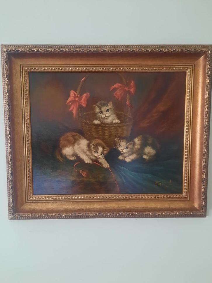 Schilderij gesigneerd Raaphorst, spelende poesjes, Antiek en Kunst, Kunst | Schilderijen | Klassiek, Ophalen of Verzenden