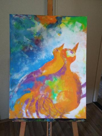 groot modern schilderij acryl op doek Rode Kat  beschikbaar voor biedingen