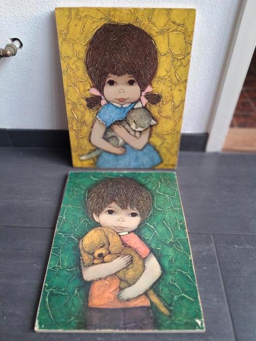 Vintage Schilderijen - Meisje met Kat & Jongen met Hond, Antiek en Kunst, Kunst | Schilderijen | Klassiek, Ophalen of Verzenden