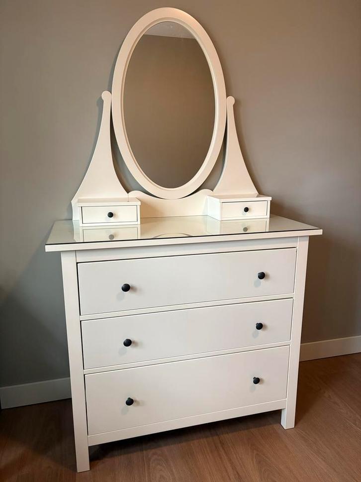 Witte kaptafel met spiegel en lades, Huis en Inrichting, Tafels | Kaptafels, Zo goed als nieuw, 150 tot 200 cm, 50 tot 100 cm